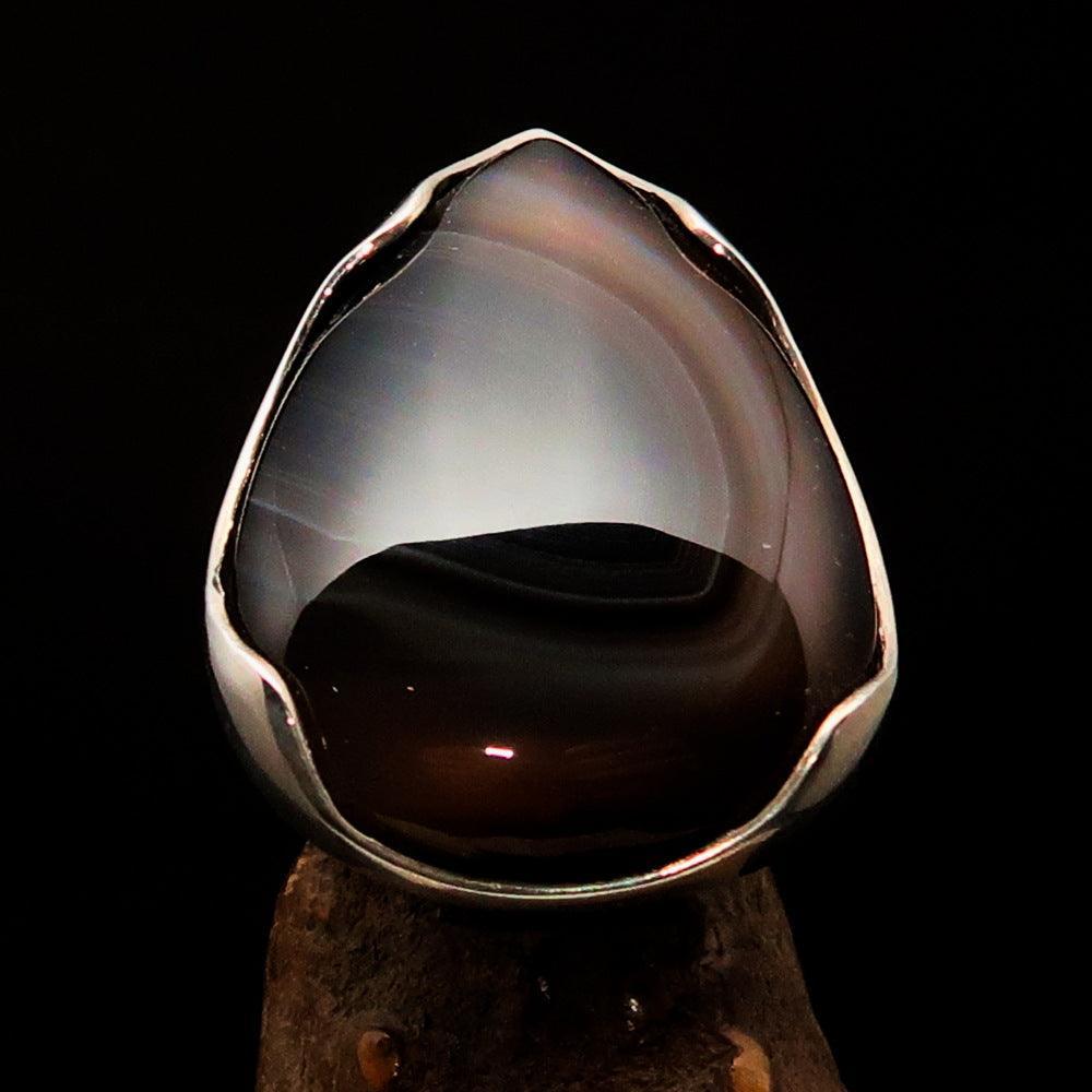 Minimalistic Sterling Silver Ring with pear shaped black Agate Cabochon-1