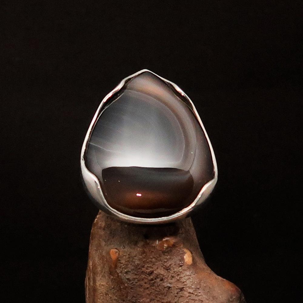 Minimalistic Sterling Silver Ring with pear shaped black Agate Cabochon-2