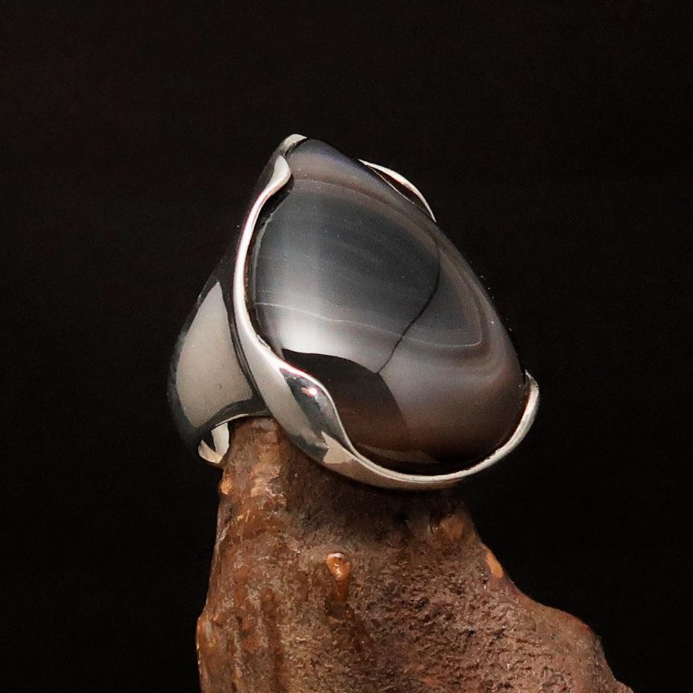 Minimalistic Sterling Silver Ring with pear shaped black Agate Cabochon-0