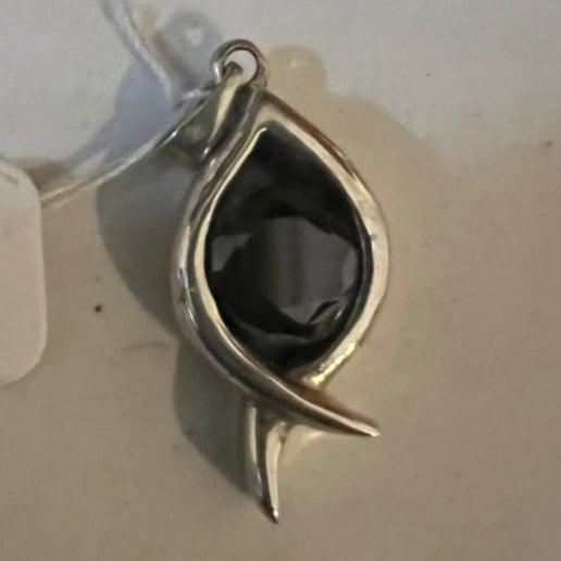 The round black CZ in the Marquise Pendant - Sterling Silver-1