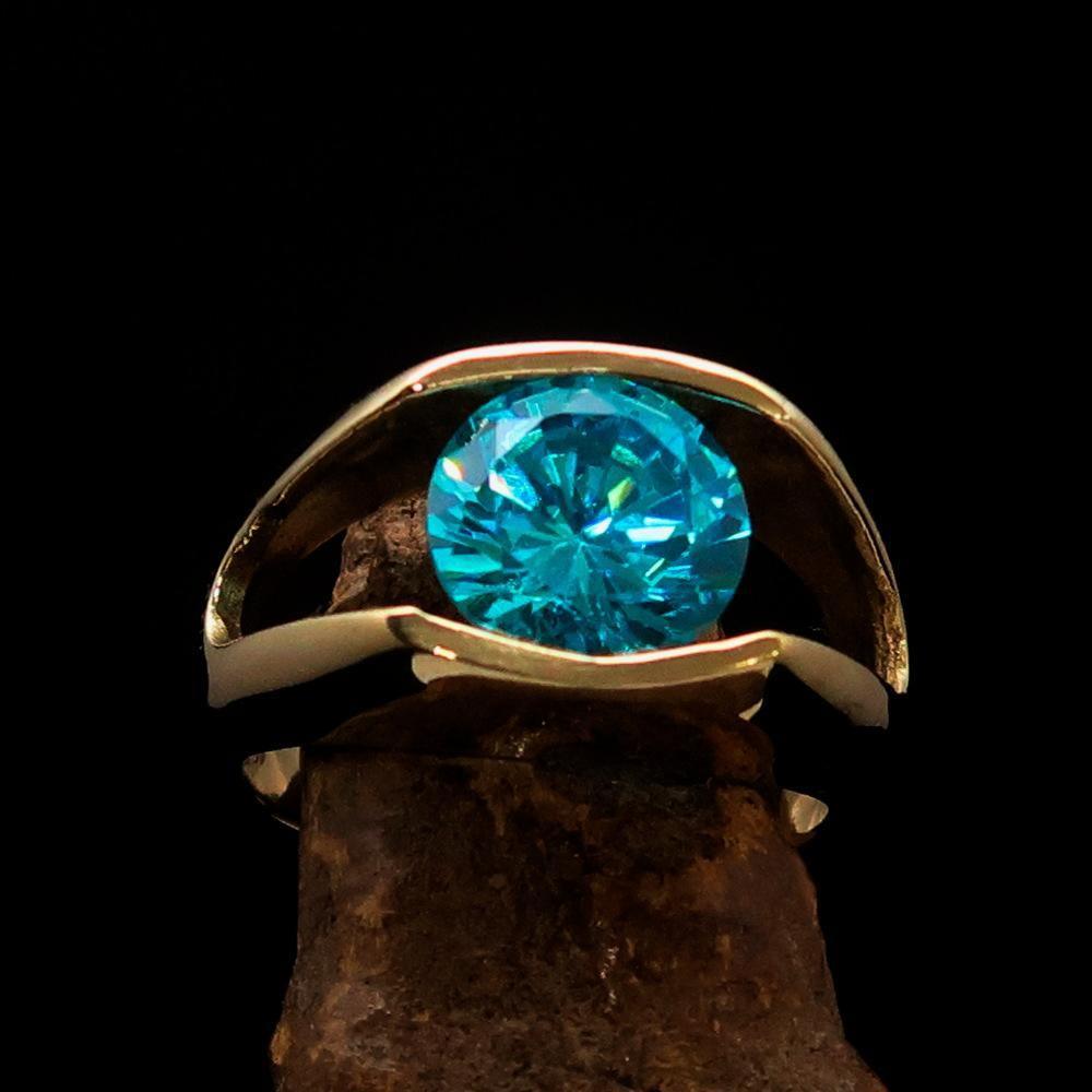 Smoothly crafted Men's Brass Solitaire Ring Blue Cubic Zirconia CZ-1