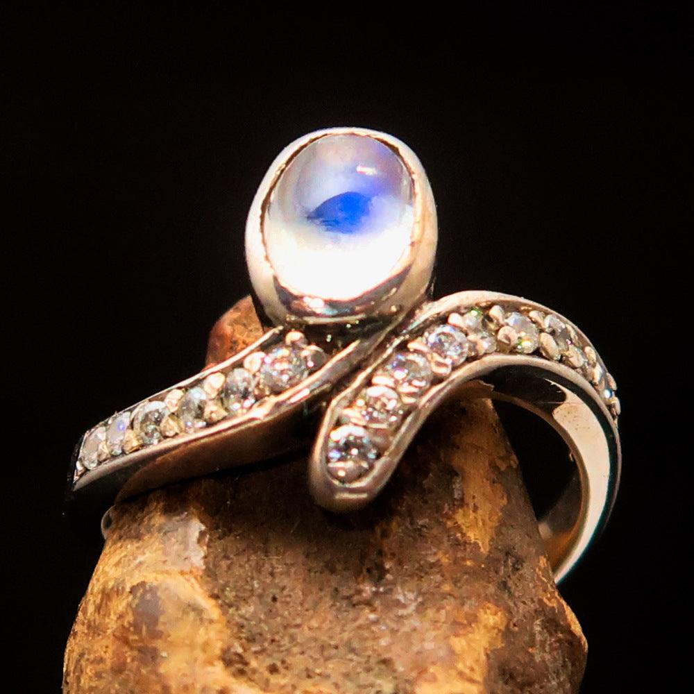 Sterling Silver Solitaire Ring with oval shaped Ceylon Moonstone and 15 CZ-1