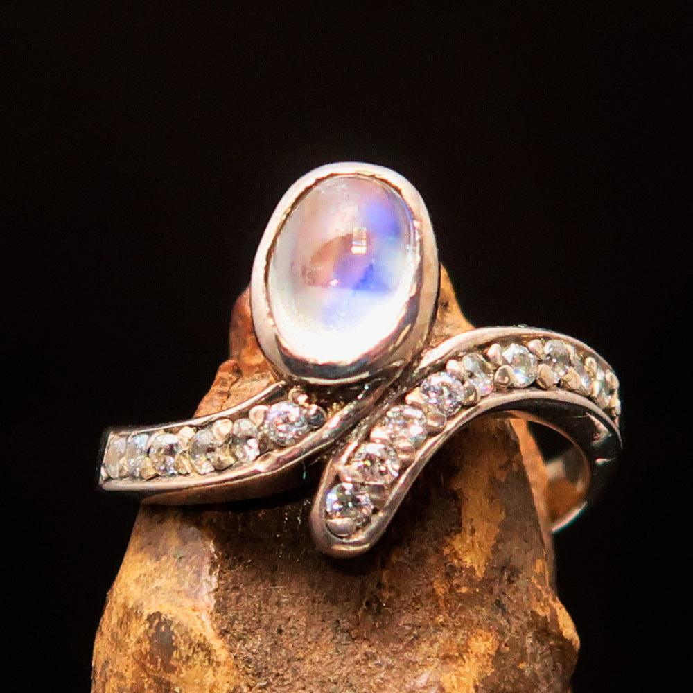 Sterling Silver Solitaire Ring with oval shaped Ceylon Moonstone and 15 CZ-2