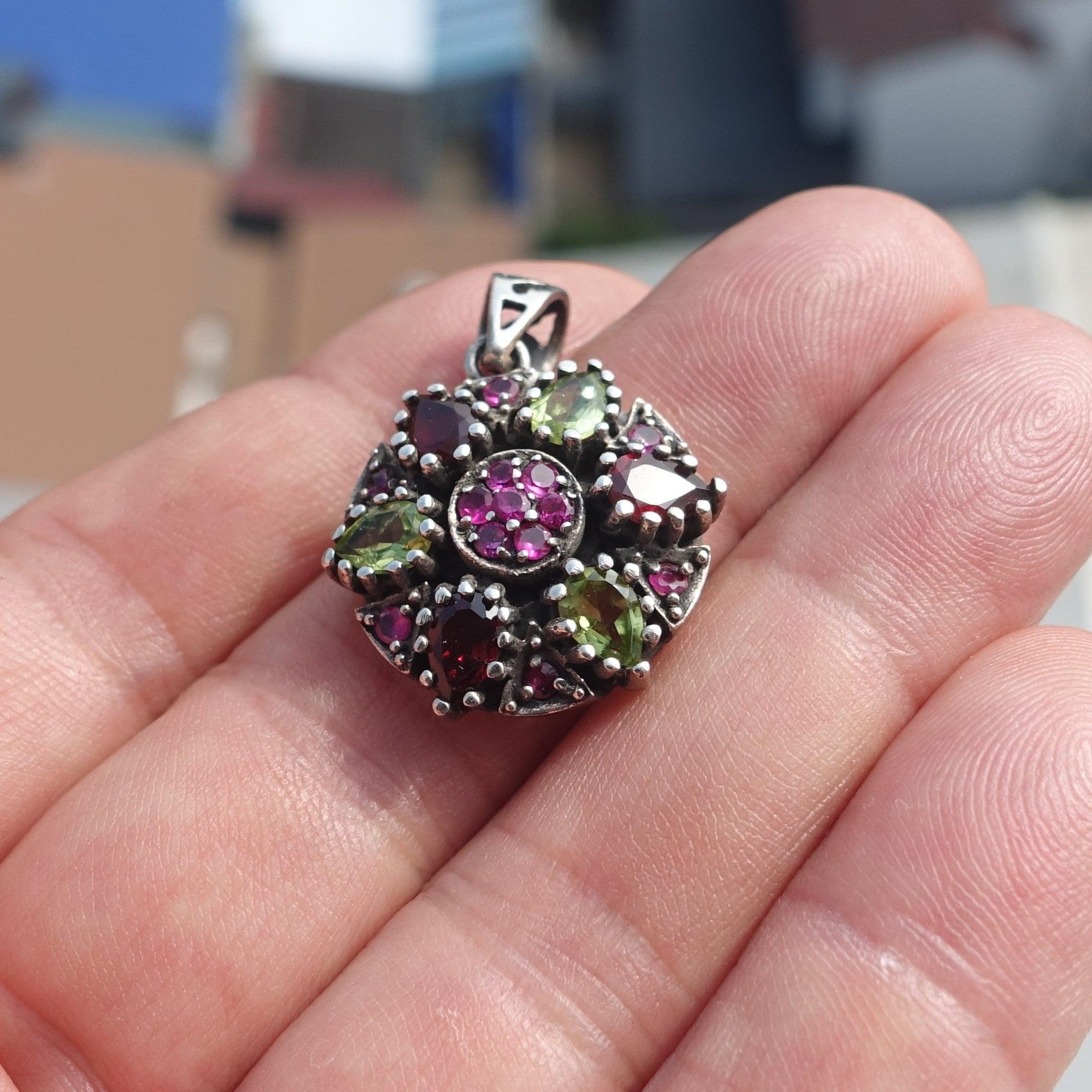 Garnet Peridot Silver Pendant, Star shaped Sterling Silver Gemstone Pendant with Garnet, Peridot and Rubies, Symmetric Amulet, Sterling silver pendant-3