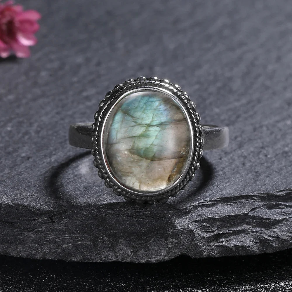 Silver Ring for Women Oval Round Natural Labradorite Ring
