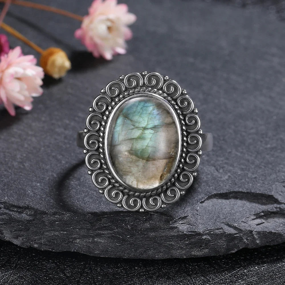 Silver Ring for Women Oval Round Natural Labradorite Ring
