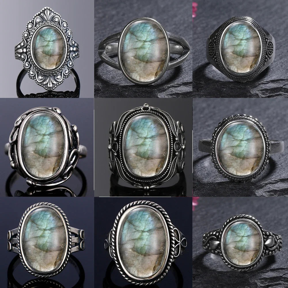 Silver Ring for Women Oval Round Natural Labradorite Ring