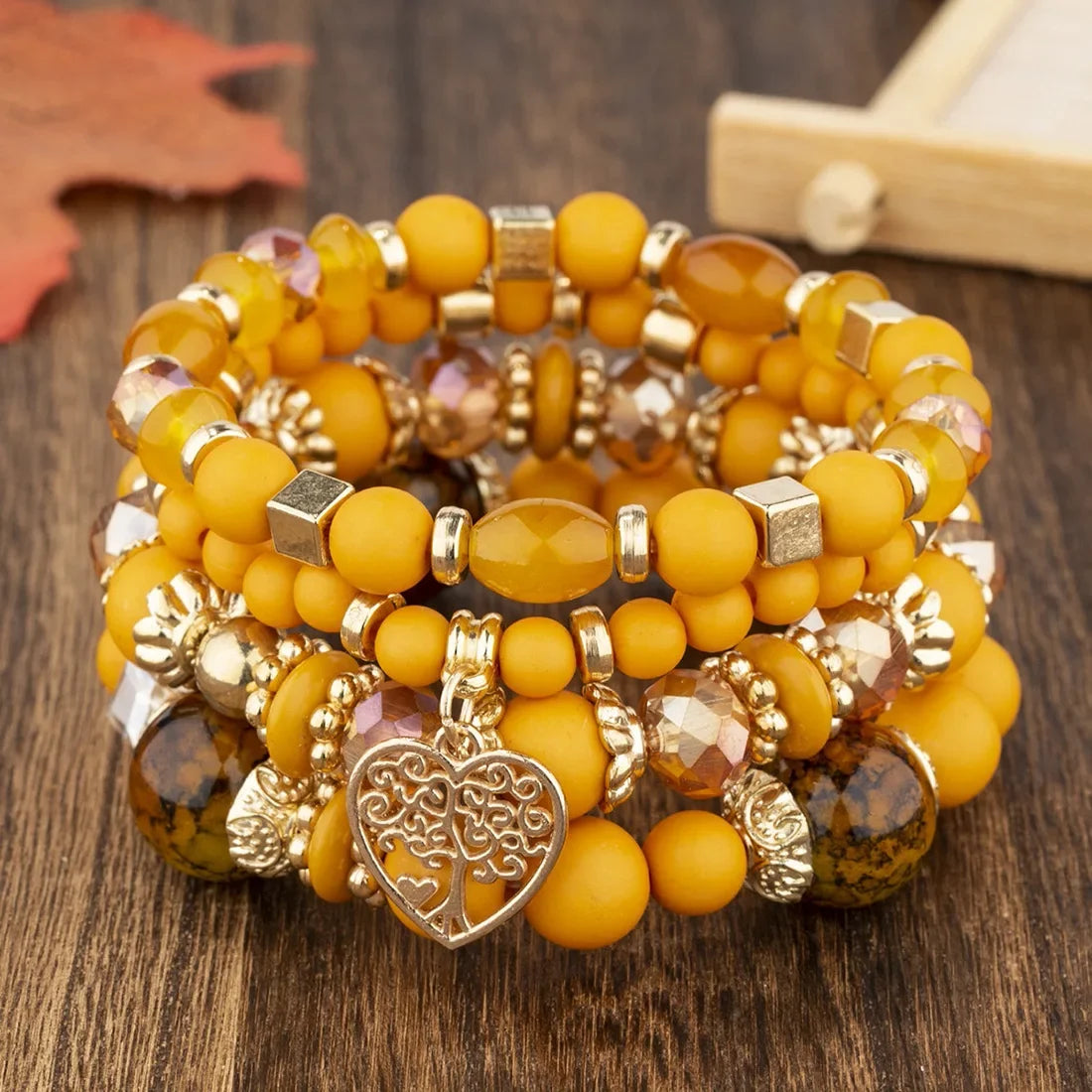 4Pcs Acrylic Beads Chain Tree Of Life Charm Elastic Bangle Female Bohemian Bracelets