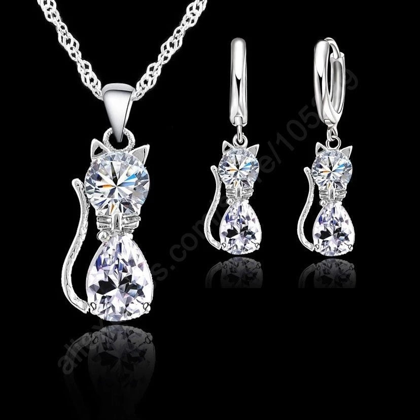 Silver Jewelry Sets 925 Silver Cute Cat Shaped Necklace Hoop Earring Set
