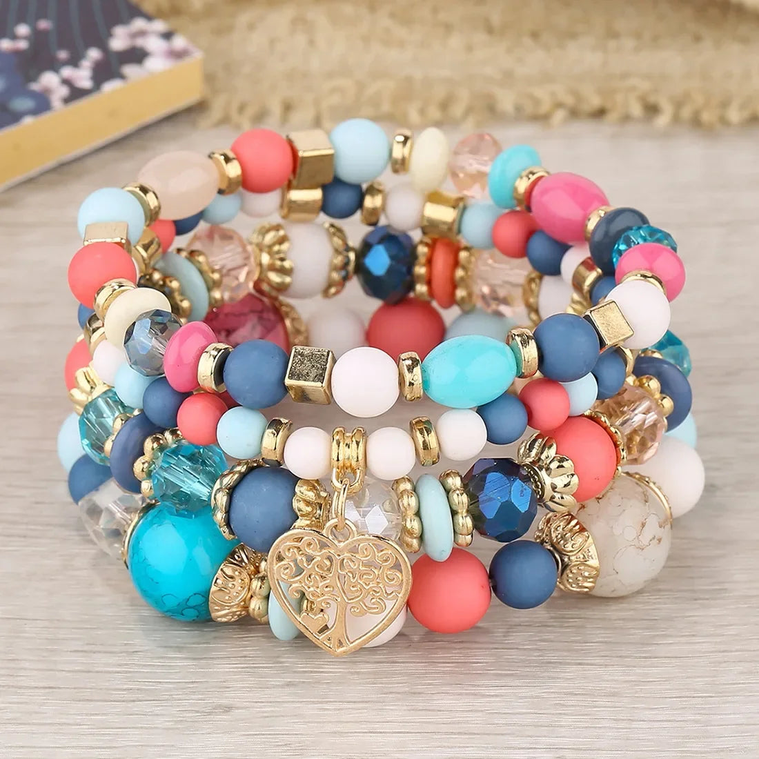 4Pcs Acrylic Beads Chain Tree Of Life Charm Elastic Bangle Female Bohemian Bracelets