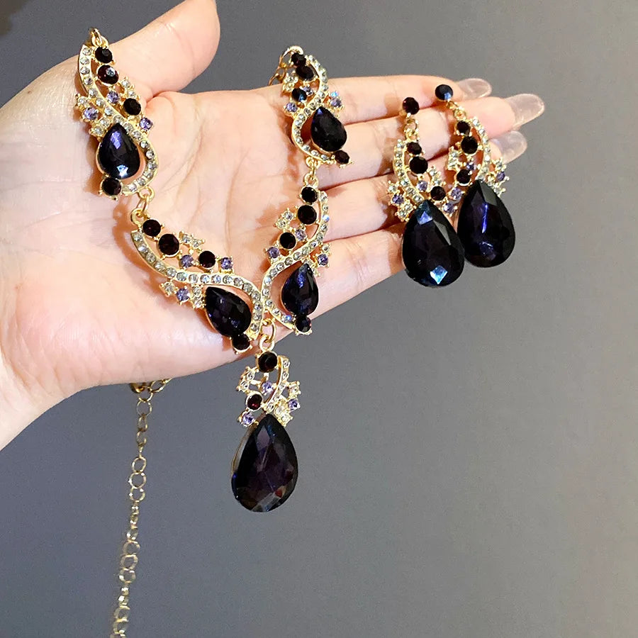 2 Pcs Inlaid Rhinestone Water Drop Necklace Earring Jewelry Sets