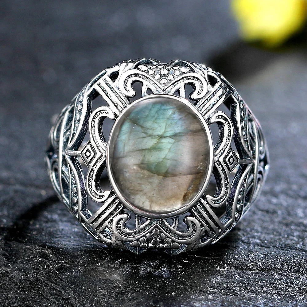 Silver Ring for Women Oval Round Natural Labradorite Ring