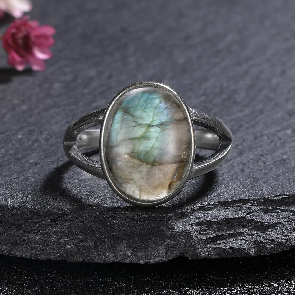 Silver Ring for Women Oval Round Natural Labradorite Ring