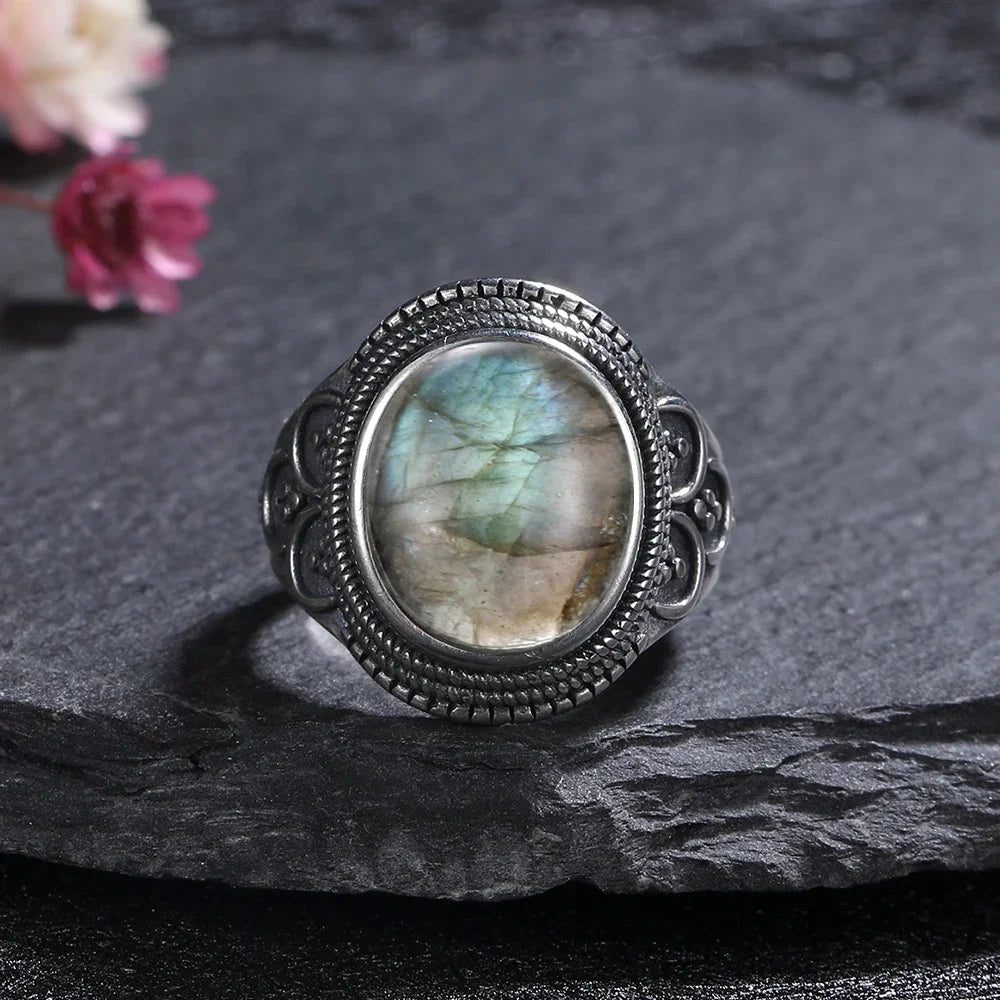 Silver Ring for Women Oval Round Natural Labradorite Ring