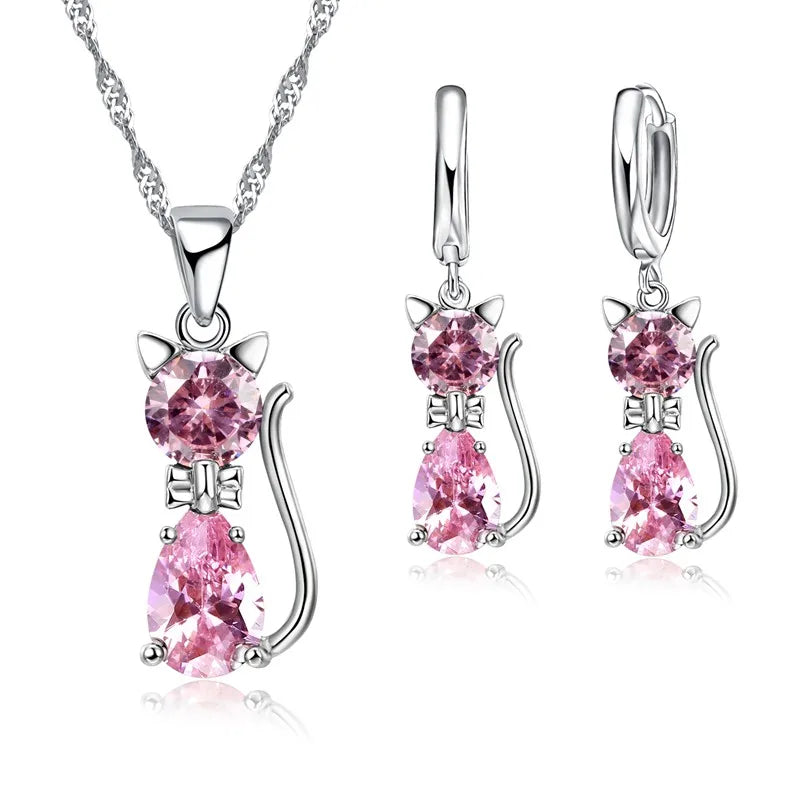 Silver Jewelry Sets 925 Silver Cute Cat Shaped Necklace Hoop Earring Set
