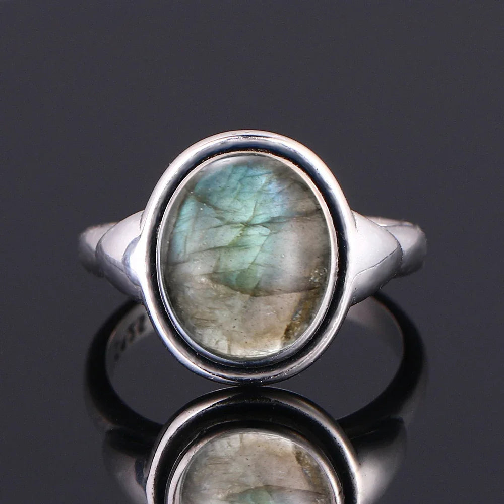 Silver Ring for Women Oval Round Natural Labradorite Ring
