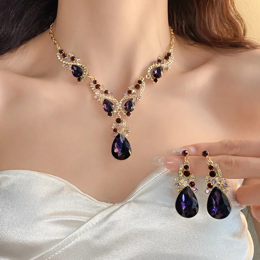 2 Pcs Inlaid Rhinestone Water Drop Necklace Earring Jewelry Sets