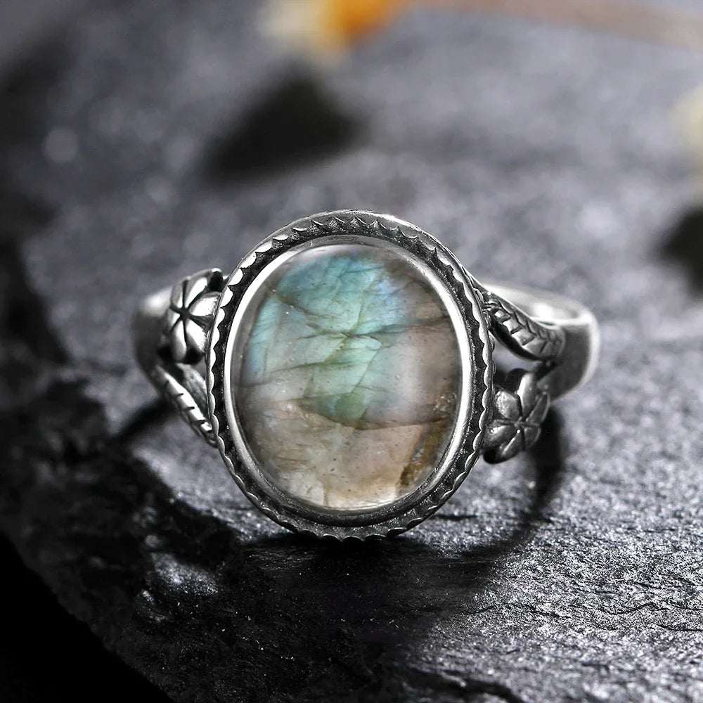 Silver Ring for Women Oval Round Natural Labradorite Ring