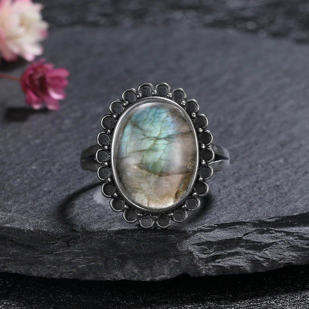 Silver Ring for Women Oval Round Natural Labradorite Ring