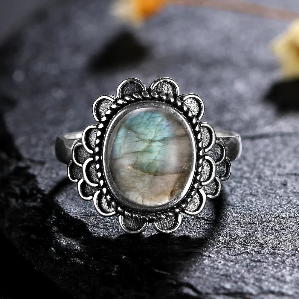 Silver Ring for Women Oval Round Natural Labradorite Ring