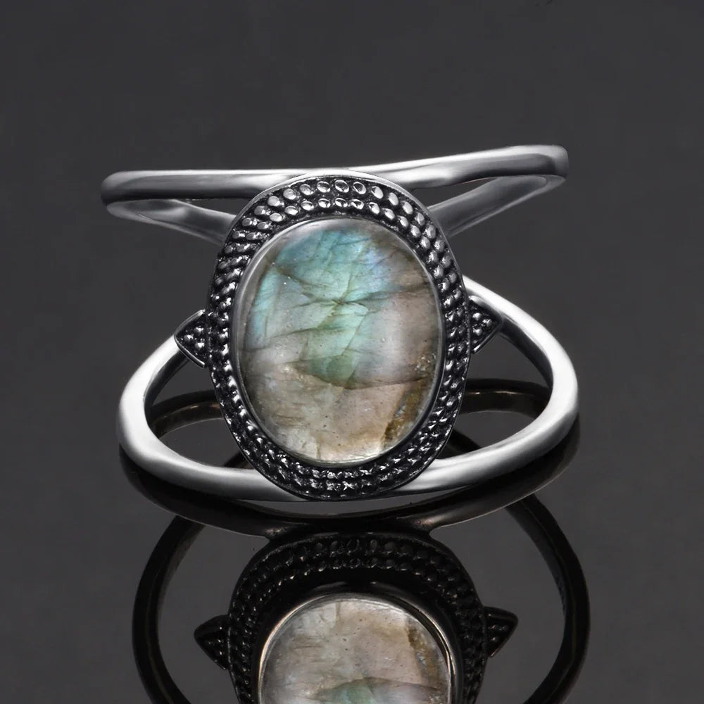 Silver Ring for Women Oval Round Natural Labradorite Ring