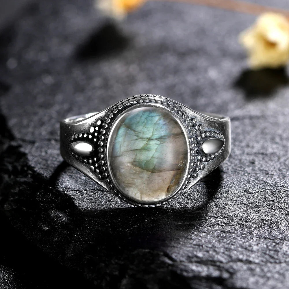 Silver Ring for Women Oval Round Natural Labradorite Ring