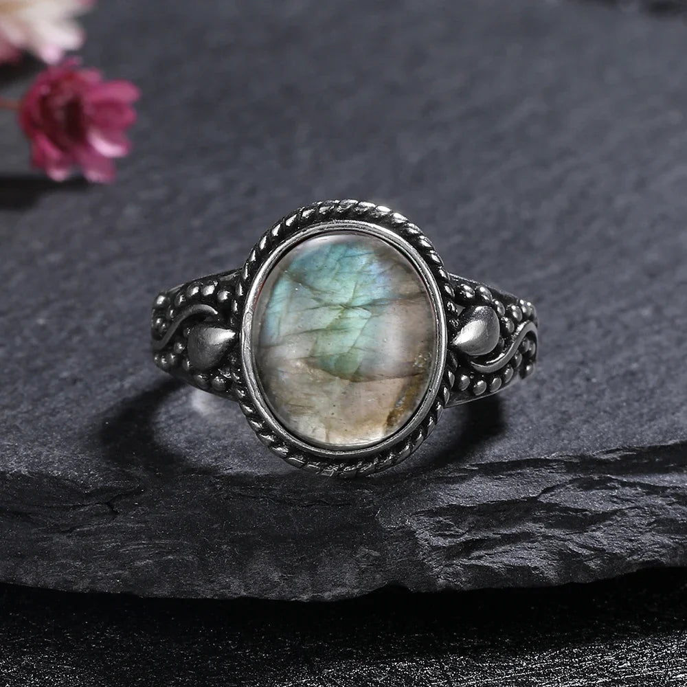 Silver Ring for Women Oval Round Natural Labradorite Ring