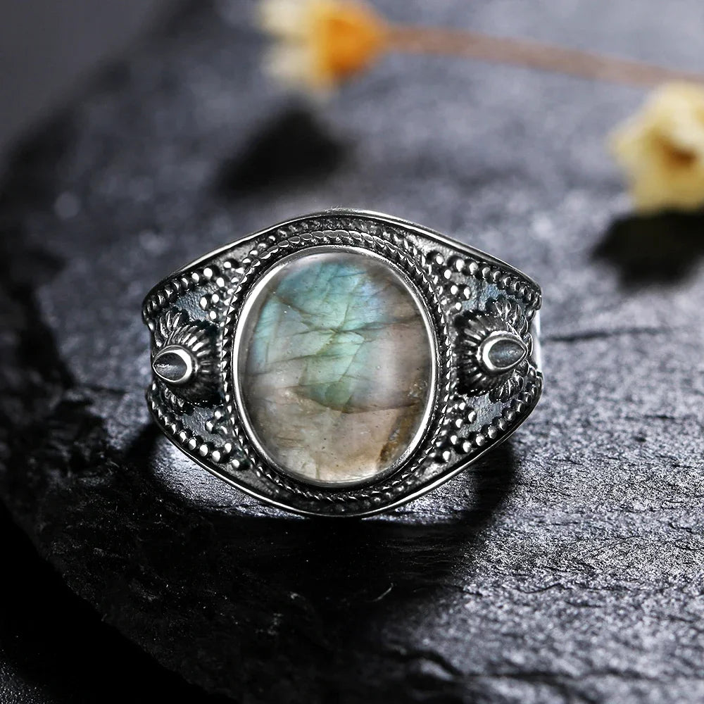 Silver Ring for Women Oval Round Natural Labradorite Ring