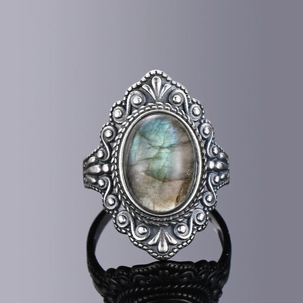 Silver Ring for Women Oval Round Natural Labradorite Ring
