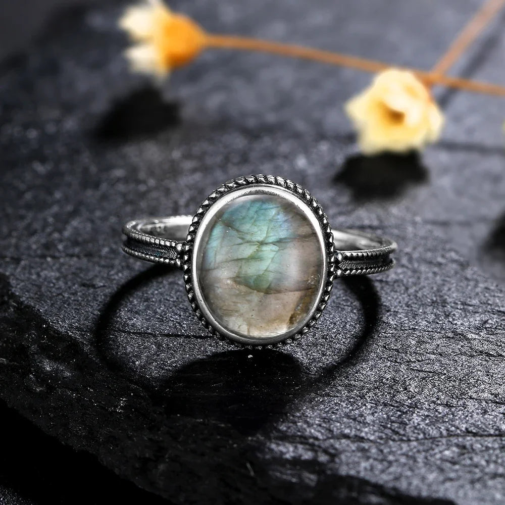 Silver Ring for Women Oval Round Natural Labradorite Ring