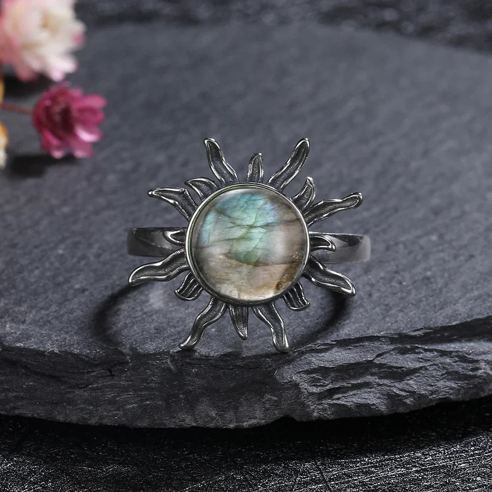Silver Ring for Women Oval Round Natural Labradorite Ring