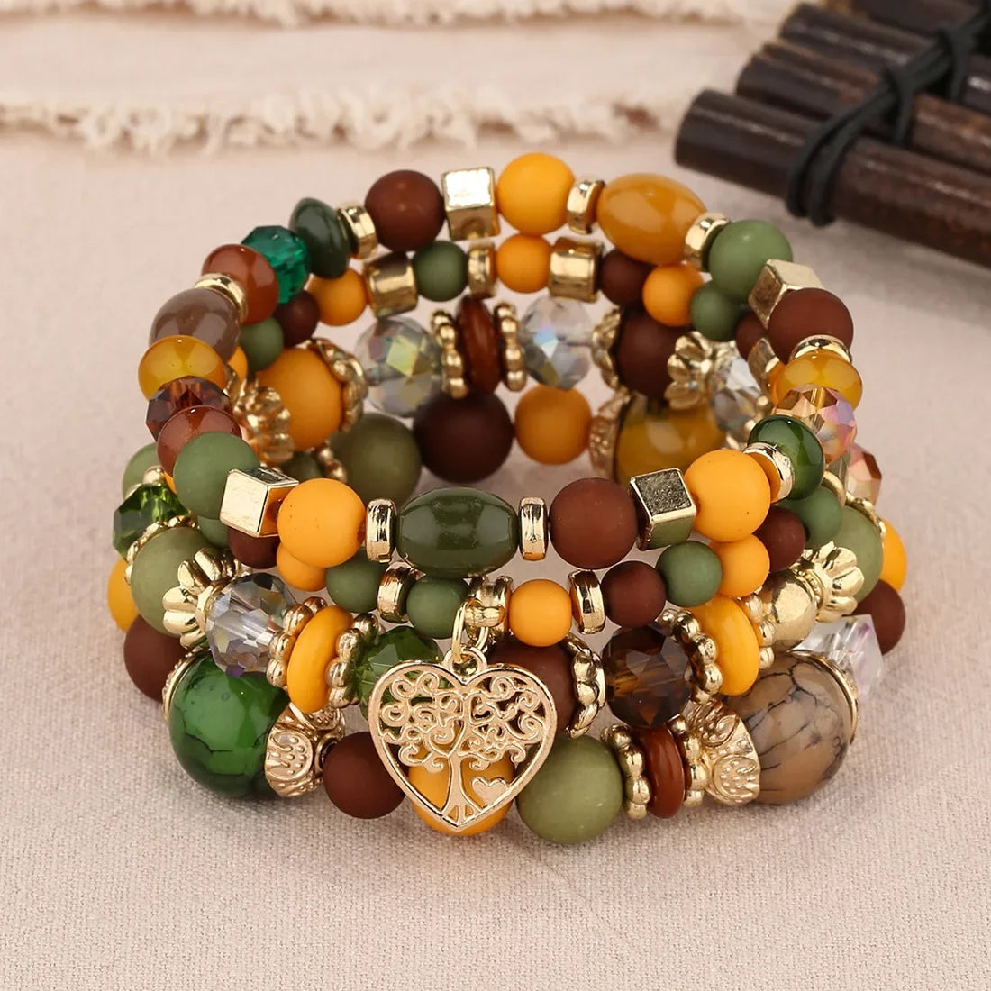 4Pcs Acrylic Beads Chain Tree Of Life Charm Elastic Bangle Female Bohemian Bracelets