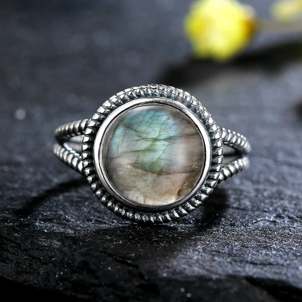 Silver Ring for Women Oval Round Natural Labradorite Ring