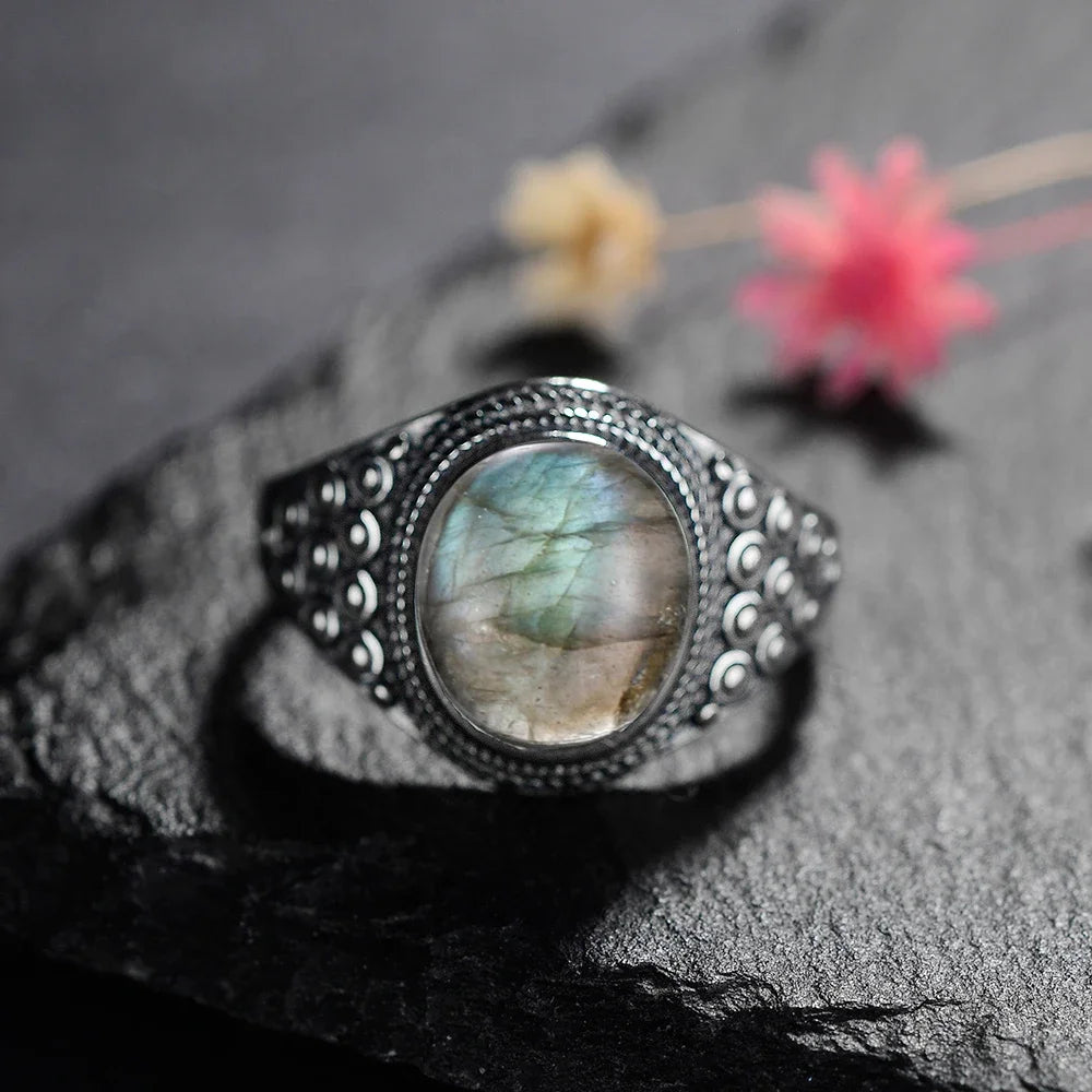 Silver Ring for Women Oval Round Natural Labradorite Ring