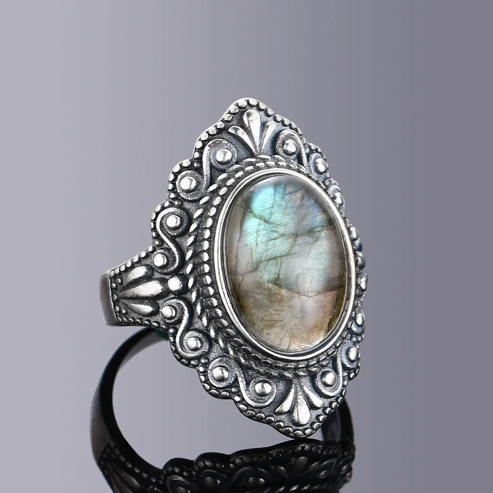 Silver Ring for Women Oval Round Natural Labradorite Ring