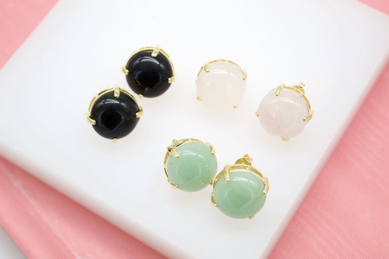 18K Gold Filled Round Natural Stone Gemstone Stud Earrings-0