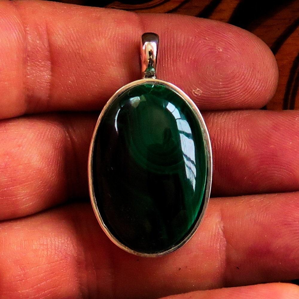 Natural Malachite Necklace, Sterling Silver Pendant, Oval shaped Pendant, green Malachite Cabochon, Minimalist necklace, Malachite Amulet-1