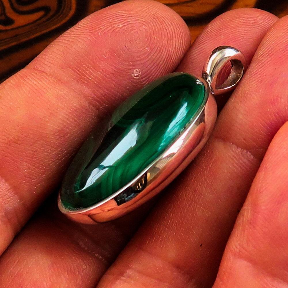 Natural Malachite Necklace, Sterling Silver Pendant, Oval shaped Pendant, green Malachite Cabochon, Minimalist necklace, Malachite Amulet-3