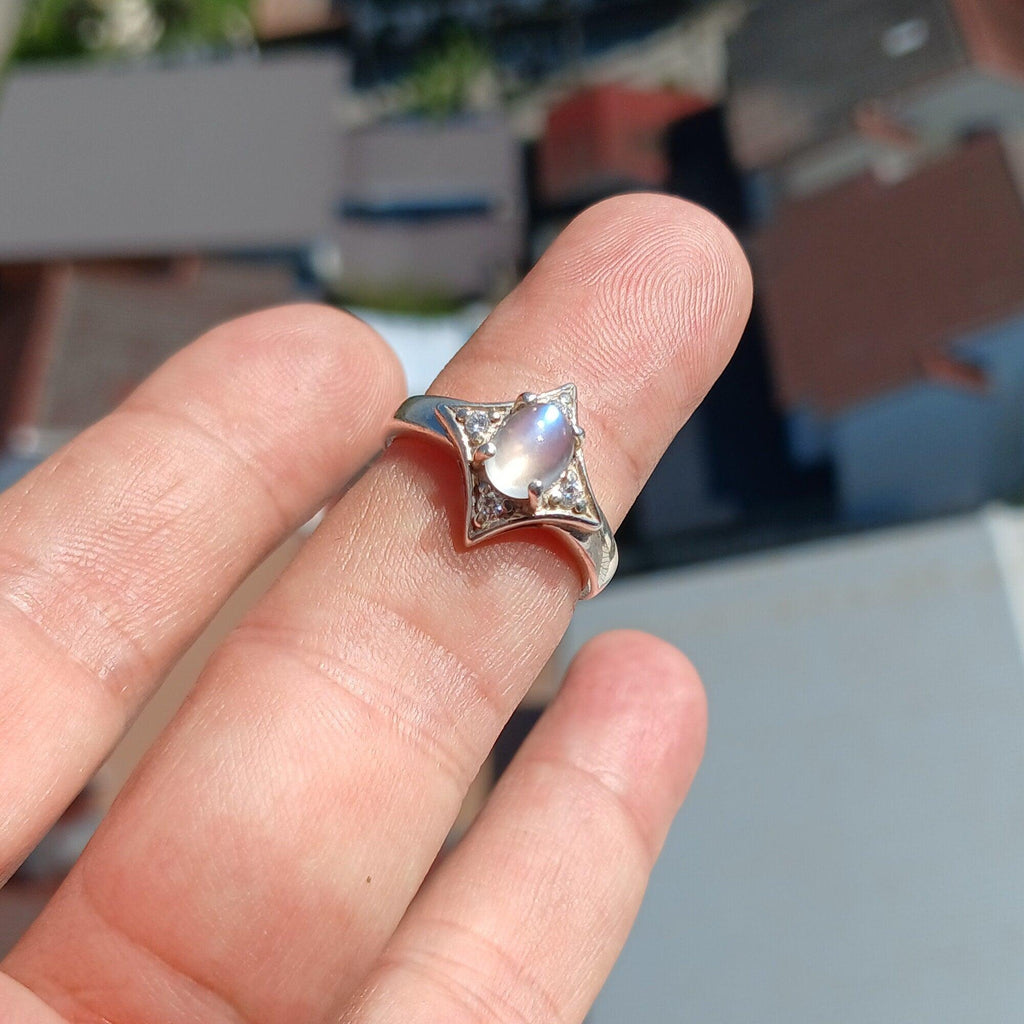 Moonstone Ring, Moonstone Silver Ring, Star shaped Ring, Sterling Silver Ring, oval shaped Ceylon Moonstone and 4 CZ handmade ring - Size 7-4