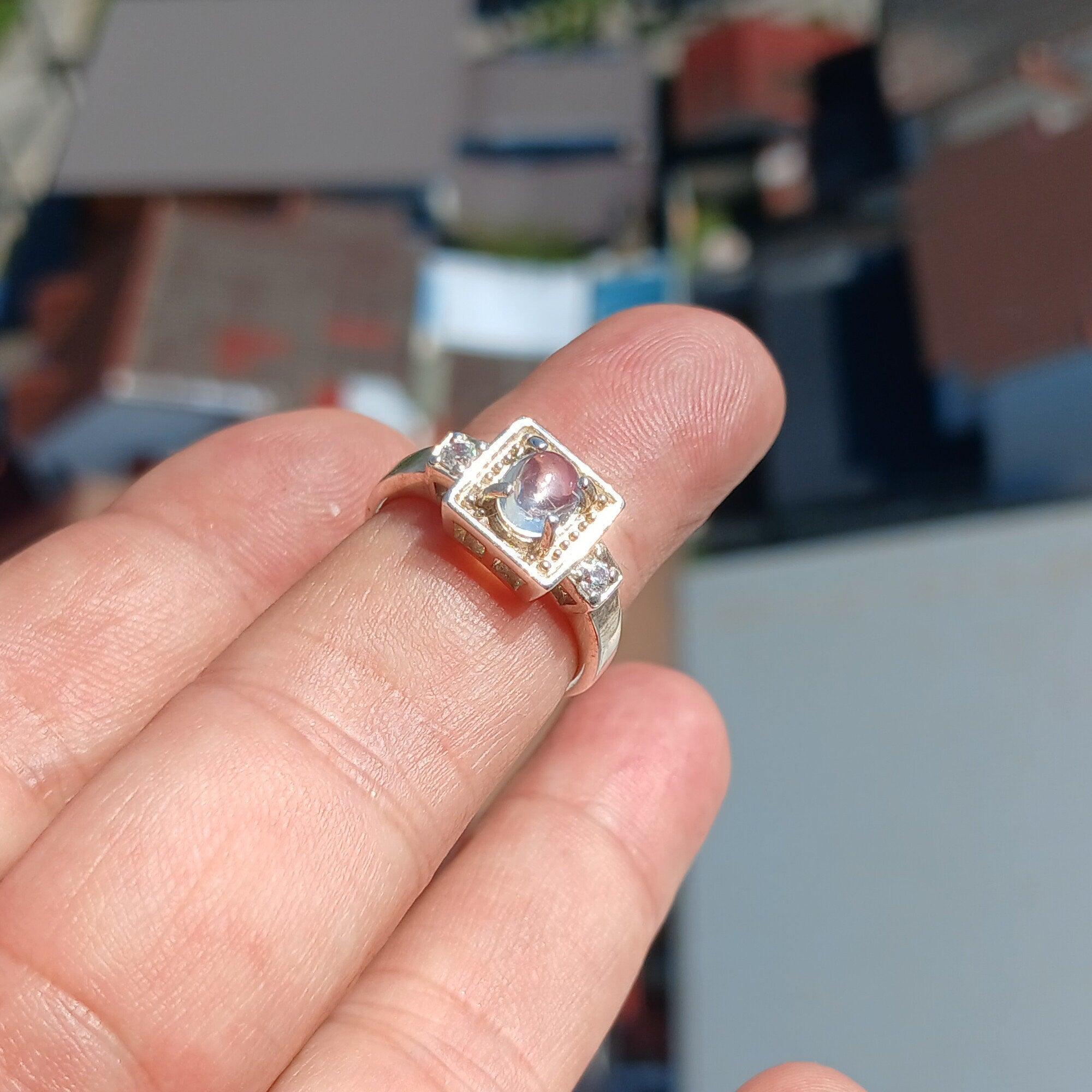 Moonstone Ring, Moonstone Silver Ring, Square shaped Ring, Sterling Silver Ring, oval shaped Ceylon Moonstone 2 CZ handmade ring - Size 7-4