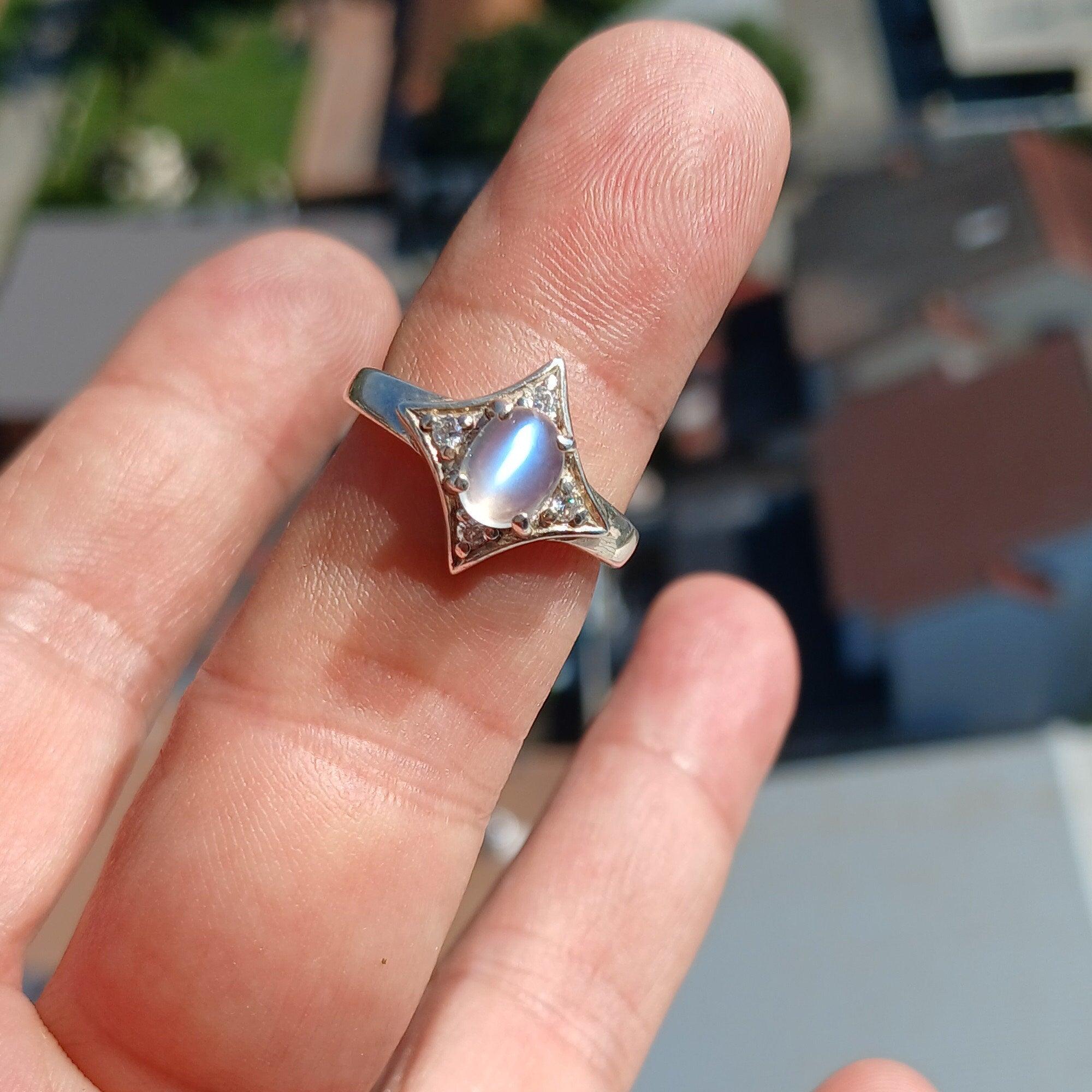 Moonstone Ring, Moonstone Silver Ring, Star shaped Ring, Sterling Silver Ring, oval shaped Ceylon Moonstone and 4 CZ handmade ring - Size 7-2