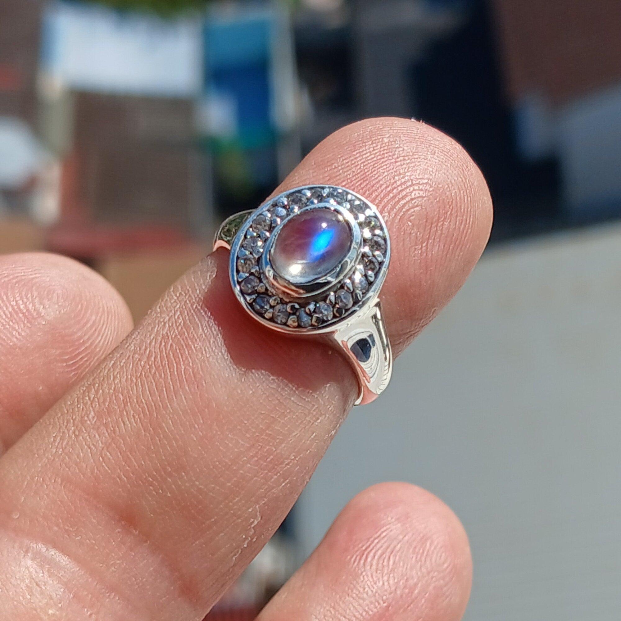 Natural Moonstone Ring, Gemstone Ring, Sterling Silver Ring, Solitaire Ring, oval Ceylon Moonstone, 18 CZ, moonstone jewelry, gift, Size 5.5-2