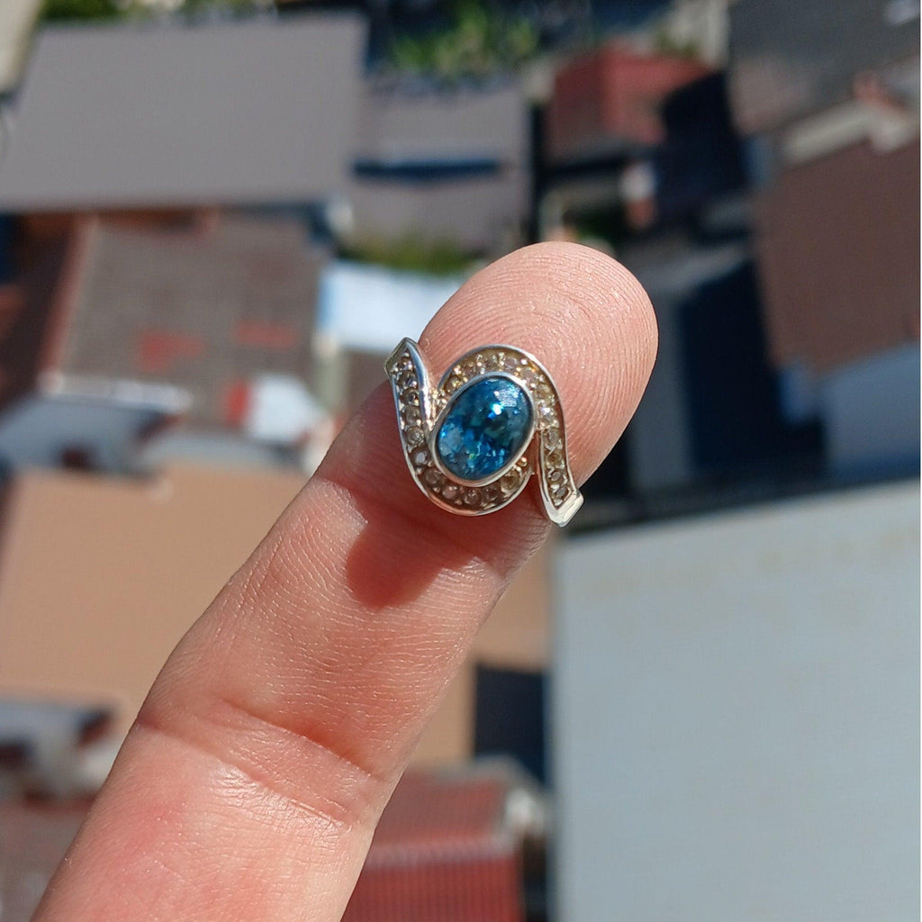Blue Zircon Ring, Natural Gemstone Ring, Sterling Silver Ring, Cocktail Ring, oval Cut Blue Zircon, 22 white CZ, gift for her - Size 5.5-1
