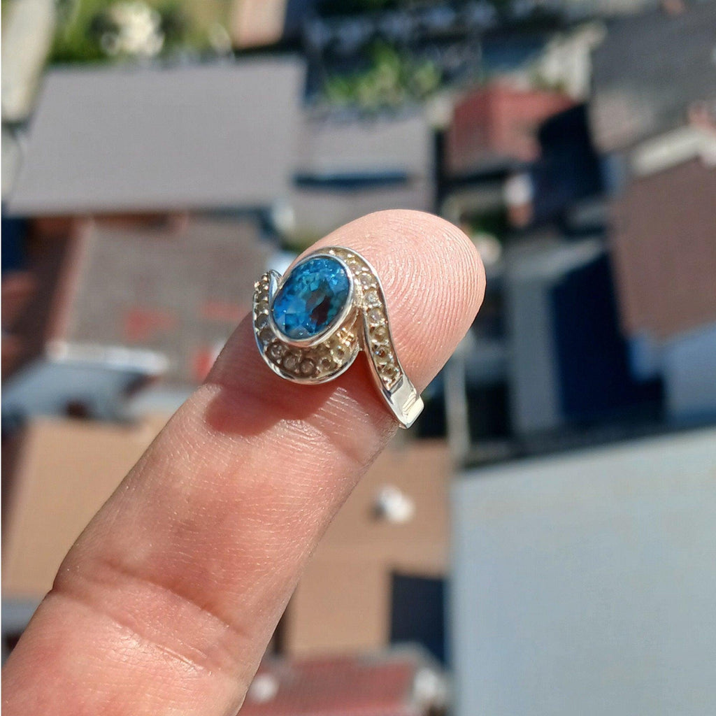 Blue Zircon Ring, Natural Gemstone Ring, Sterling Silver Ring, Cocktail Ring, oval Cut Blue Zircon, 22 white CZ, gift for her - Size 5.5-2