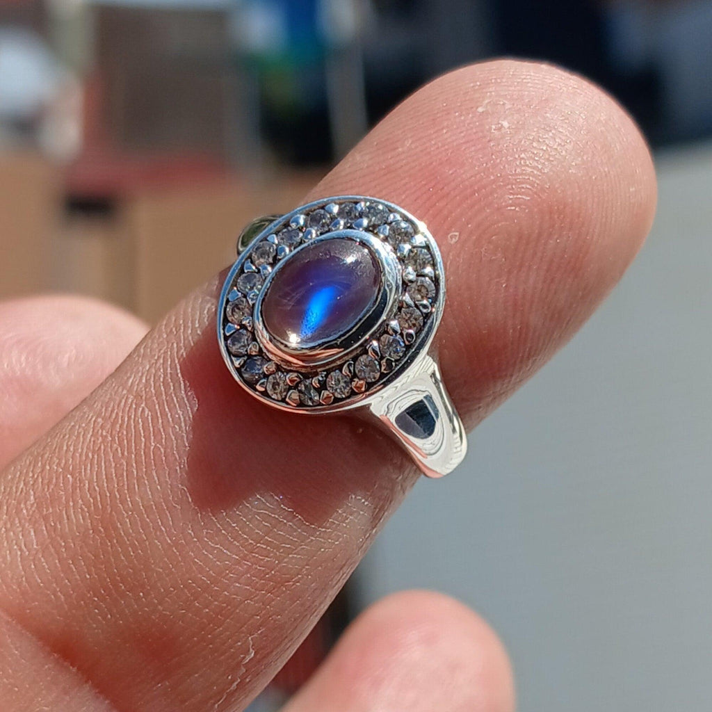 Natural Moonstone Ring, Gemstone Ring, Sterling Silver Ring, Solitaire Ring, oval Ceylon Moonstone, 18 CZ, moonstone jewelry, gift, Size 5.5-4