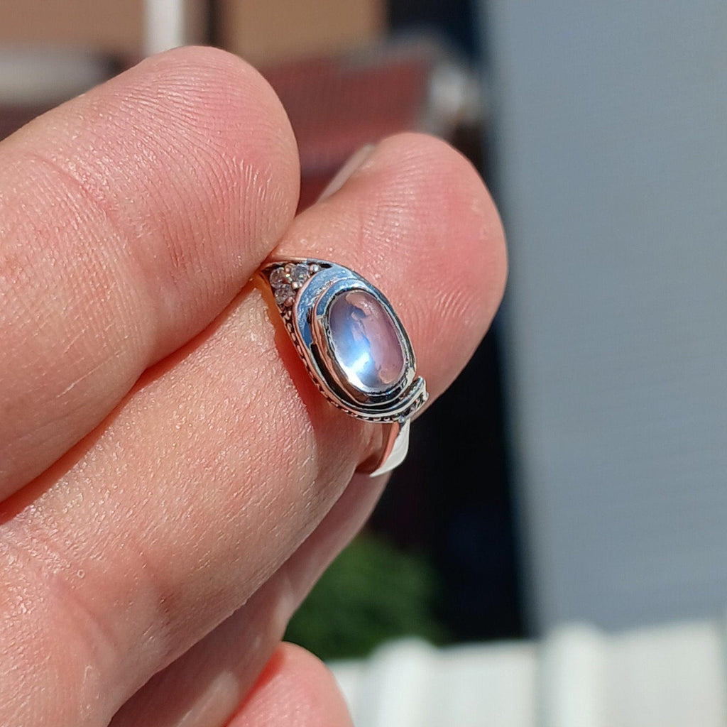 Moonstone Ring, Natural Gemstone Ring, Sterling Silver Ring, Solitaire Ring, oval Ceylon Moonstone, 4 CZ, moonstone jewelry, gift, Size 6.5-2