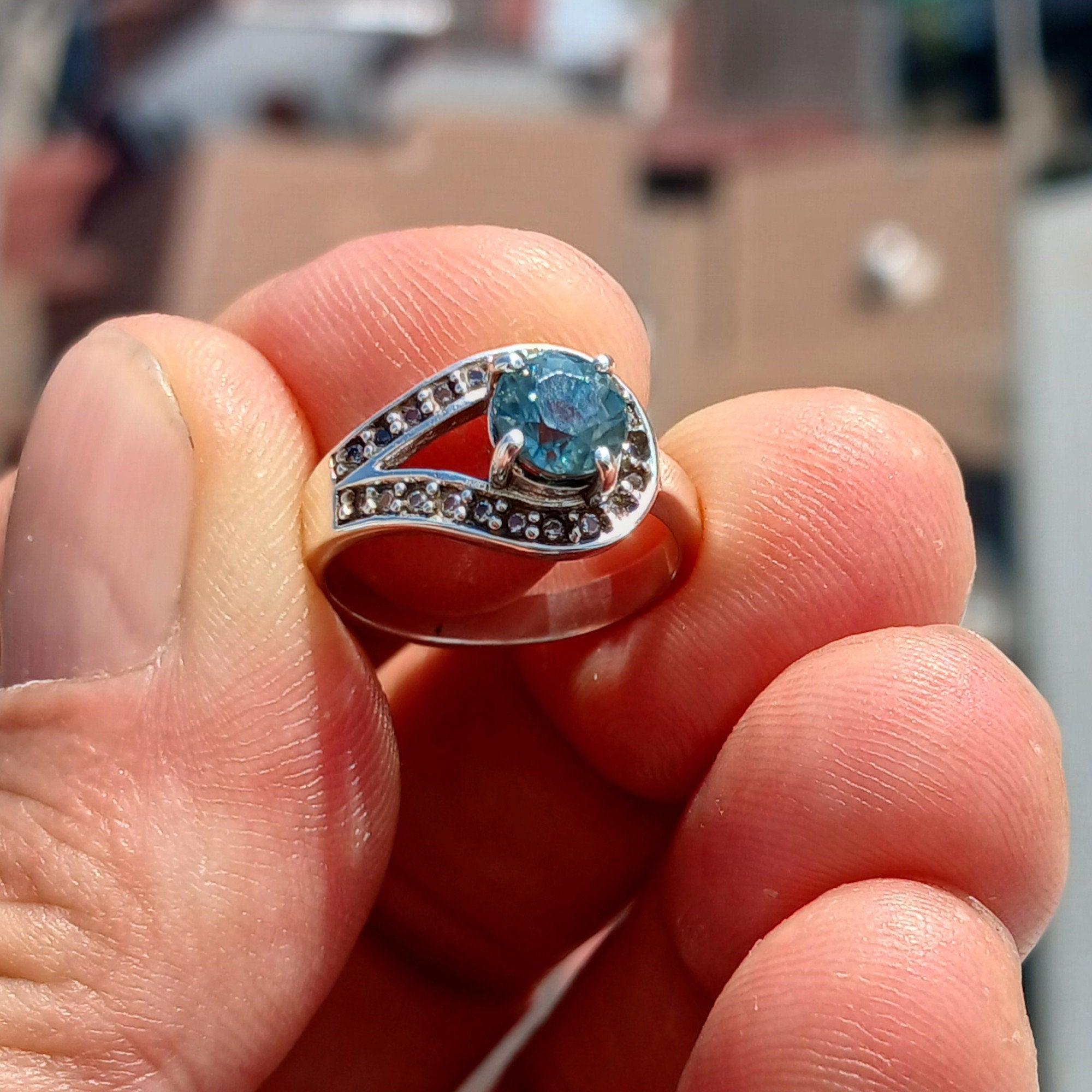 Natural Blue Zircon Ring, Gemstone Ring, Sterling Silver Ring, Solitaire Ring, Round Cut Blue Zircon and 21 CZ, gift for her - Size 5.5-0