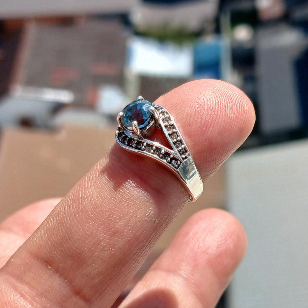 Natural Blue Zircon Ring, Gemstone Ring, Sterling Silver Ring, Solitaire Ring, Round Cut Blue Zircon and 21 CZ, gift for her - Size 5.5-4