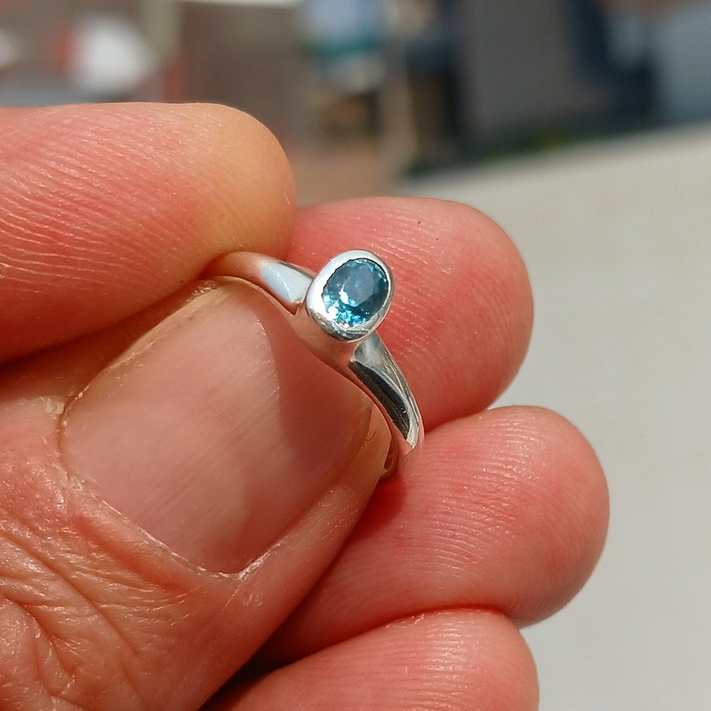 Natural Blue Zircon Ring, Sterling Silver Ring, Blue Gemstone Ring, Solitaire Ring, Oval Natural Blue Zircon, Gift for Her, Unique Design - Size 4.5-2