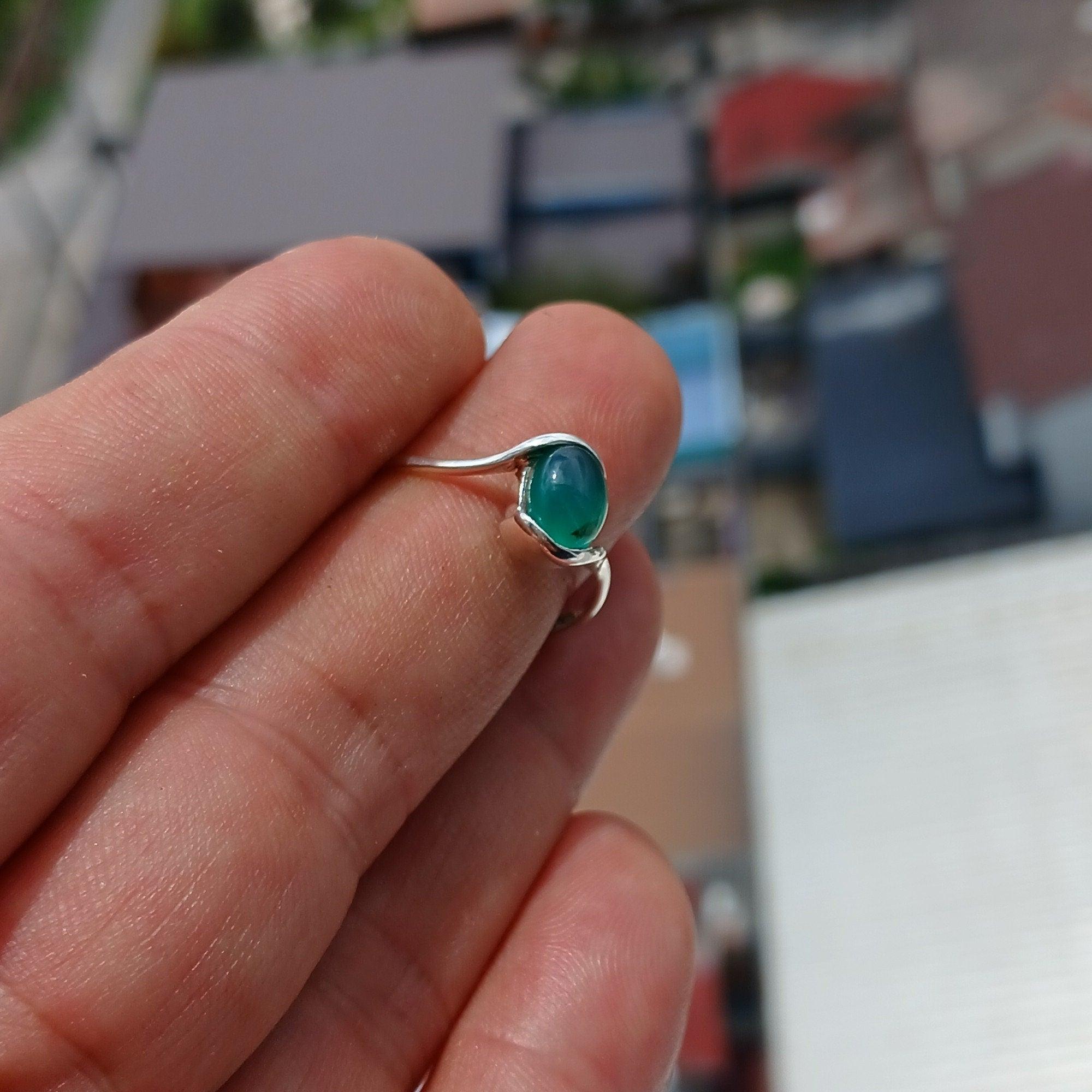Green Agate Ring, Minimalist Silver Ring, Sterling Silver Ring, oval green Agate Cabochon, asymmetric silver ring, Gift for Her - Size 8.5-2